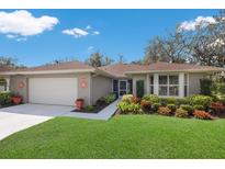Charming single-story home with a well-manicured lawn and colorful landscaping around the front of the house at 3408 Brookridge Ln, Parrish, FL 34219
