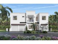 Stunning two-story modern home boasting a sleek design, private balcony, two-car garage, and vibrant landscaping at 1879 Hibiscus St, Sarasota, FL 34239