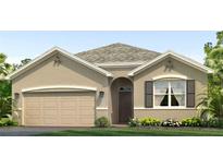 Charming single-story home with neutral stucco, a two-car garage, and inviting front landscape and window shutters at 17226 Whiskey Creek Trl, Parrish, FL 34219