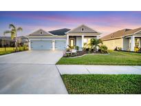 Charming single-story home with a manicured lawn, colorful sunset, and a two-car garage at 11021 Moonsail Dr, Parrish, FL 34219