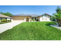 Charming single-story home featuring a manicured lawn, two car garage, and mature landscaping at 25422 Aysen Dr, Punta Gorda, FL 33983