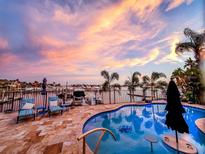 Backyard pool area overlooking the harbor with lounge chairs and a view of the sunset and palm trees at 1009 3Rd E St, Palmetto, FL 34221