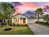 Charming home with a well-manicured lawn, mature trees, and a brick driveway at sunset at 14616 20Th E St, Parrish, FL 34219