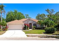 Charming single-story home with a well-manicured lawn, mature trees, and a two-car garage at 11419 Pine Lilly Pl, Lakewood Ranch, FL 34202