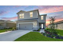 Charming two-story home with landscaped yard, gray siding, and a two-car garage at sunset at 8918 Waxwing Way, Parrish, FL 34219
