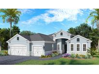 Charming single-story home with a two-car garage, stone accents, and lush landscaping at 9610 Shimmering Waters Pl, Bradenton, FL 34209