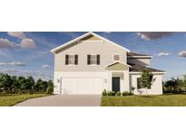 Two-story home with gray siding, black shutters, attached garage, and manicured lawn at 13040 Cedar Elm Lane, Parrish, FL 34219