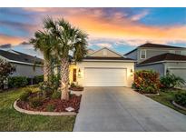 Charming single-story home with a well-maintained lawn, lush landscaping, and a two-car garage at 3520 Woodmont Dr, Parrish, FL 34219
