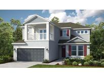 Charming two-story home featuring gray siding, red shutters, balcony, and a two-car garage at 8550 Big Dipper Dr, Sarasota, FL 34241