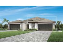 Inviting single-story home boasts a stone-accented facade, lush landscaping, and a spacious two-car garage at 5842 Windbreak Ct, Apollo Beach, FL 33572