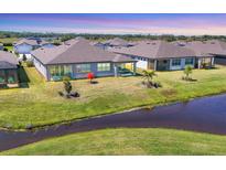 Aerial view showing a neighborhood's backyard, pond and lush green grass under a blue sky at 10519 Spring Tide Way, Parrish, FL 34219