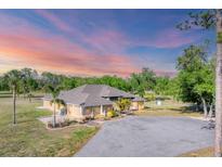 Expansive ranch home showcases lush tropical landscaping, circular drive, and a picturesque sunset backdrop at 1668 Tropicaire Blvd, North Port, FL 34286