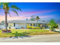 Charming single-story home featuring a well-manicured lawn and beautiful landscaping with mature palm trees at 3402 Key Ave, Sarasota, FL 34239