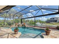 The screened pool area includes a spa and picturesque waterfront views with lush tropical landscaping at 452 Picasso Dr, Nokomis, FL 34275