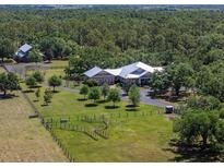 Sprawling property featuring a modern home with a metal roof, surrounded by lush greenery and mature trees at 12615 River Rd, Myakka City, FL 34251