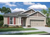 Charming single-Gathering home featuring a two-car garage, red shutters, and a well-manicured front lawn at 5193 Cappleman Loop, Brooksville, FL 34601