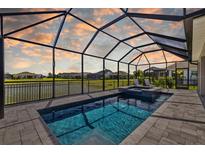 Screened pool boasts serene water views, an integrated spa, and paved surround at 11719 Chevelon Ln, Parrish, FL 34219