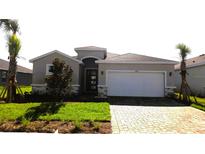 Charming single-story home featuring a two-car garage, landscaped yard, and a welcoming entryway at 17041 James Trl, Parrish, FL 34219