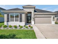 Charming single-story home featuring a well-manicured lawn and attached two-car garage at 17616 Bright Wheat Dr, Lithia, FL 33547