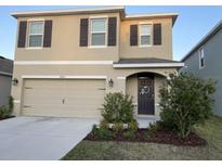 Charming two-story home with a well-manicured lawn and a two car garage, perfect for a Gathering at 16919 Trite Bend St, Wimauma, FL 33598