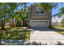 Charming two-story home with a manicured lawn and two-car garage at 10615 Boyette Creek Blvd, Riverview, FL 33569