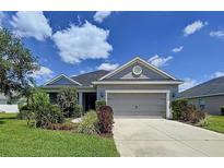Charming single-story home featuring a well-maintained lawn and a two-car garage at 16848 Rosedown Gln, Parrish, FL 34219