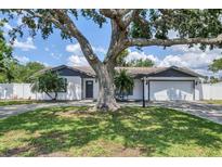 Charming single-story home featuring a well-manicured lawn, mature tree, and a two-car garage at 322 Linden Dr, Ellenton, FL 34222
