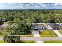 Beautiful aerial view of the property, showcasing the home, pool, and lush landscaping and surrounding wooded area at 4415 Sylvania Ave, North Port, FL 34286