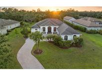 Aerial view of a meticulously landscaped home with lush greenery, palm trees, and a brick driveway at sunset at 3415 162Nd E Ave, Parrish, FL 34219