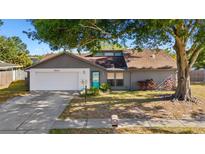 Charming single-story home featuring an attached garage, mature tree, tidy lawn, and a walkway to the front door at 6547 Samoa Dr, Sarasota, FL 34241