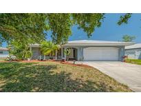 Charming single-story home with a well-manicured lawn, mature landscaping, and an attached two-car garage at 301 Angelico Dr, Nokomis, FL 34275