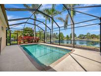 Enclosed pool overlooking a serene lake view, surrounded by lush landscaping at 14315 Tree Swallow Way, Lakewood Ranch, FL 34202
