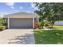 Charming single-story home featuring a gray garage door, landscaped front yard, and well-maintained lawn under a sunny sky at 9840 50Th Street E Cir, Parrish, FL 34219
