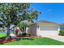 Charming single-story home featuring a manicured lawn, landscaped garden beds, and an attached two-car garage at 5102 98Th E Ave, Parrish, FL 34219