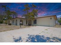 Charming single-story home with a large driveway and lush tropical landscaping, creating an inviting curb appeal at 1223 De Narvaez Ave, Bradenton, FL 34209