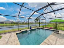 Beautiful screened-in pool with waterfall features overlooking a serene lake at 12330 Halfmoon Lake Ter, Bradenton, FL 34211