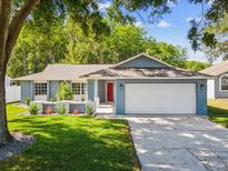 Charming single-story home with a well-manicured lawn, colorful landscaping, and a bright red front door at 8304 Fishhawk Ave, New Port Richey, FL 34653