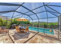 Enjoy the screened-in pool with outdoor dining area, perfect for relaxation and entertainment at 13013 Oak Hill Way, Parrish, FL 34219