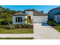 Charming one-story home featuring a well-manicured lawn and a two-car garage with lovely landscaping at 10171 Milky Way Cir, Sarasota, FL 34241