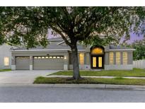 Charming home featuring a well-manicured lawn, a spacious three-car garage, and a welcoming arched entryway at 20316 Natures Corner Dr, Tampa, FL 33647
