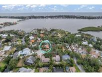 Aerial view of a waterfront home surrounded by lush greenery, with bay views and beautiful landscape at 1809 Buccaneer Ter, Sarasota, FL 34231
