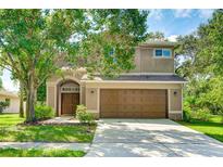 Charming two-story home featuring an attached garage and landscaped front yard with mature shade trees at 3303 Pine Top Dr, Valrico, FL 33594