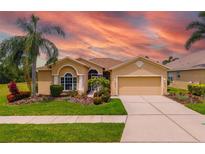 Charming single-story home with a two-car garage, beautiful landscaping, and a vibrant, colorful sunset backdrop at 370 Londonderry Dr, Sarasota, FL 34240