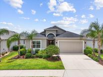 Charming single-Gathering home with a two-car garage and a well-manicured lawn and landscaping with several palm trees at 12339 Glenridge Ln, Parrish, FL 34219