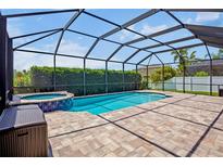 Inviting screened-in pool and spa featuring brick pavers and manicured hedges at 12214 Streambed Dr, Riverview, FL 33579