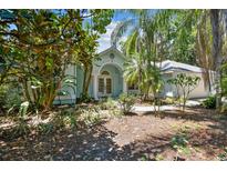 Charming light blue single-story home featuring a lushly landscaped front yard and inviting architectural details at 3919 Fan Palm Ct, Land O Lakes, FL 34638