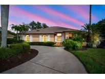 Charming home featuring a spacious driveway, lush landscaping, and elegant architectural details under a stunning sunset sky at 8321 9Th Avenue Nw Ter, Bradenton, FL 34209