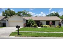 Charming single-story home featuring well-manicured lawn and landscaping under a blue sky at 1612 Shady Leaf Dr, Valrico, FL 33596