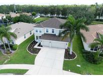 Beautiful home boasts a well-manicured lawn, a spacious driveway, and picturesque landscaping with mature palm trees at 4429 67Th E St, Bradenton, FL 34203