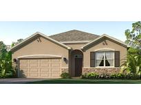 Charming single-story home featuring a two-car garage, stone accents, and manicured landscaping at 18219 Canopy Pl, Lakewood Ranch, FL 34211